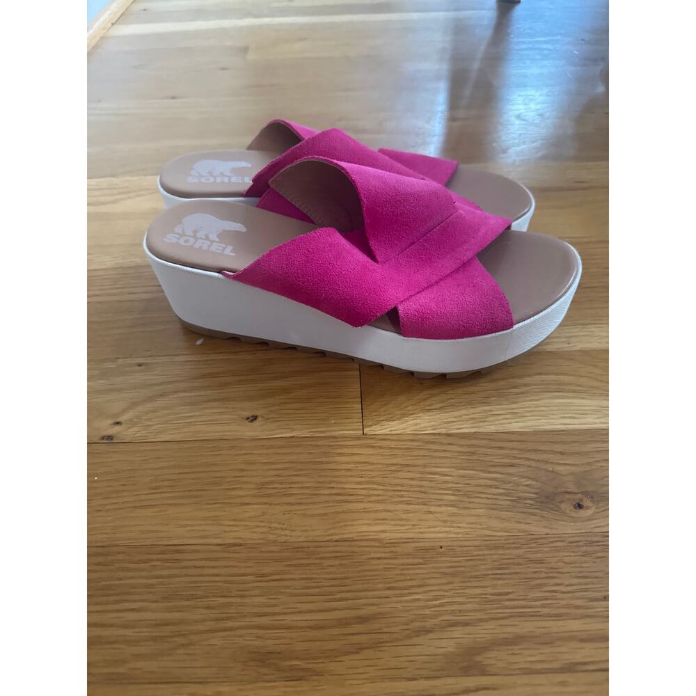 Sorel Women's Fuchsia Fizz Leather Cameron Flatform Mule Wedge Sandals Size 8 - Picture 2 of 7